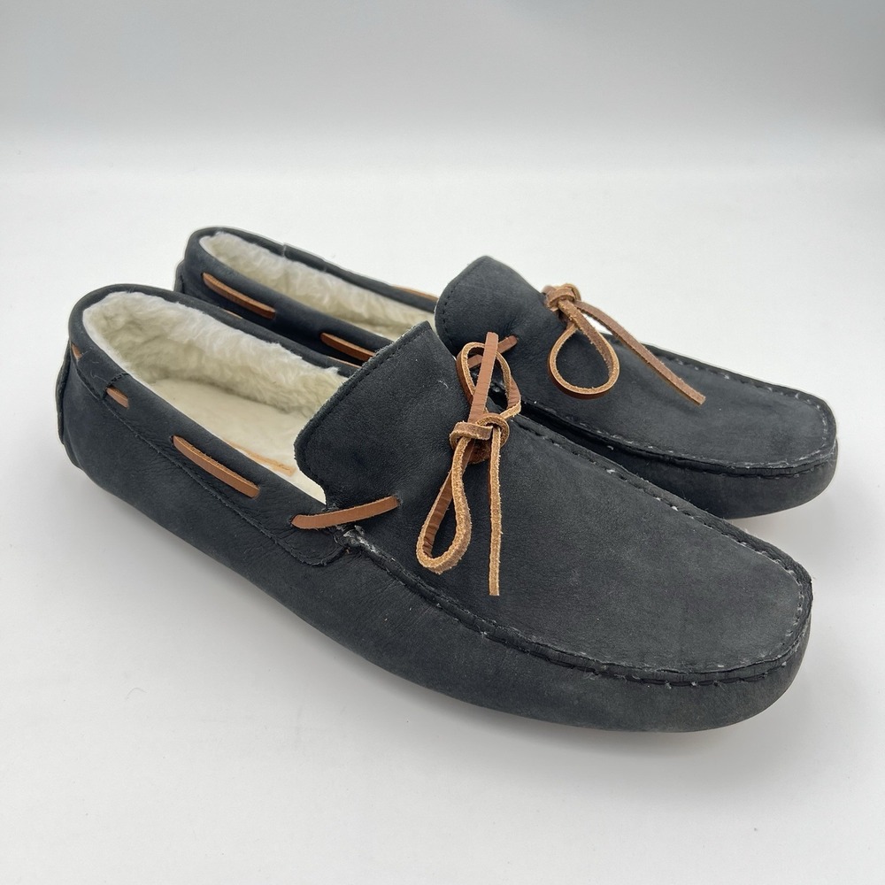 Mens Leather Shearling Lined Moccasin Slippers US 9 Black Suede Made in Brazil